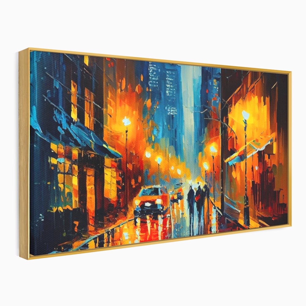 Tablou canvas cu pictura stradala cu oras plouat, in rama de aluminiu auriu